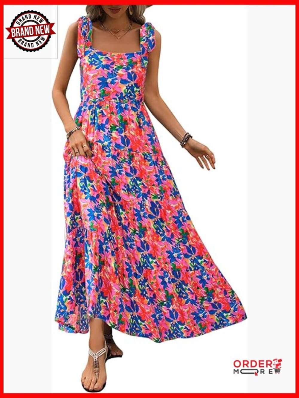 Floral Sleeveless Maxi Dress Spaghetti Strap Tiered Flowy Beach Dress